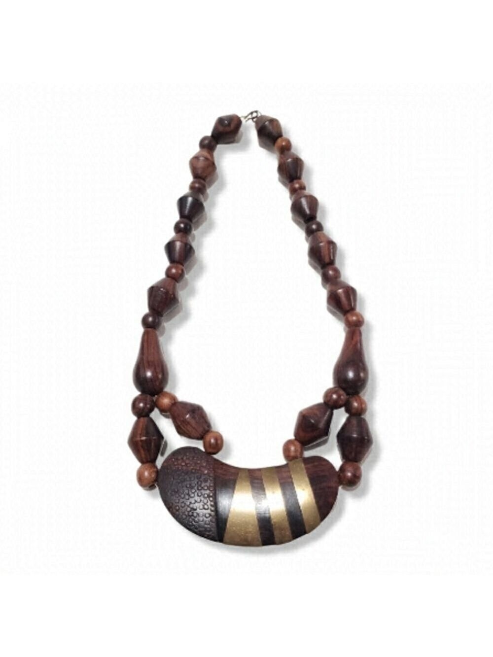 Boho Chunky Wood & Brass Statement Necklace Tribal Earthy Vintage